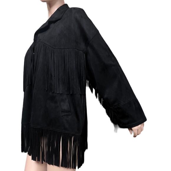 Zara Black Fringe Western Style Retro Jacket Size L Side Pockets Long Sleeves - Picture 10 of 15